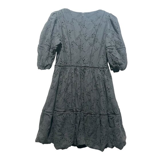 Beulah Eyelet bubble Hem Mini Dress fit flare Medium Black Puff Sleeves Romantic - Picture 2 of 16